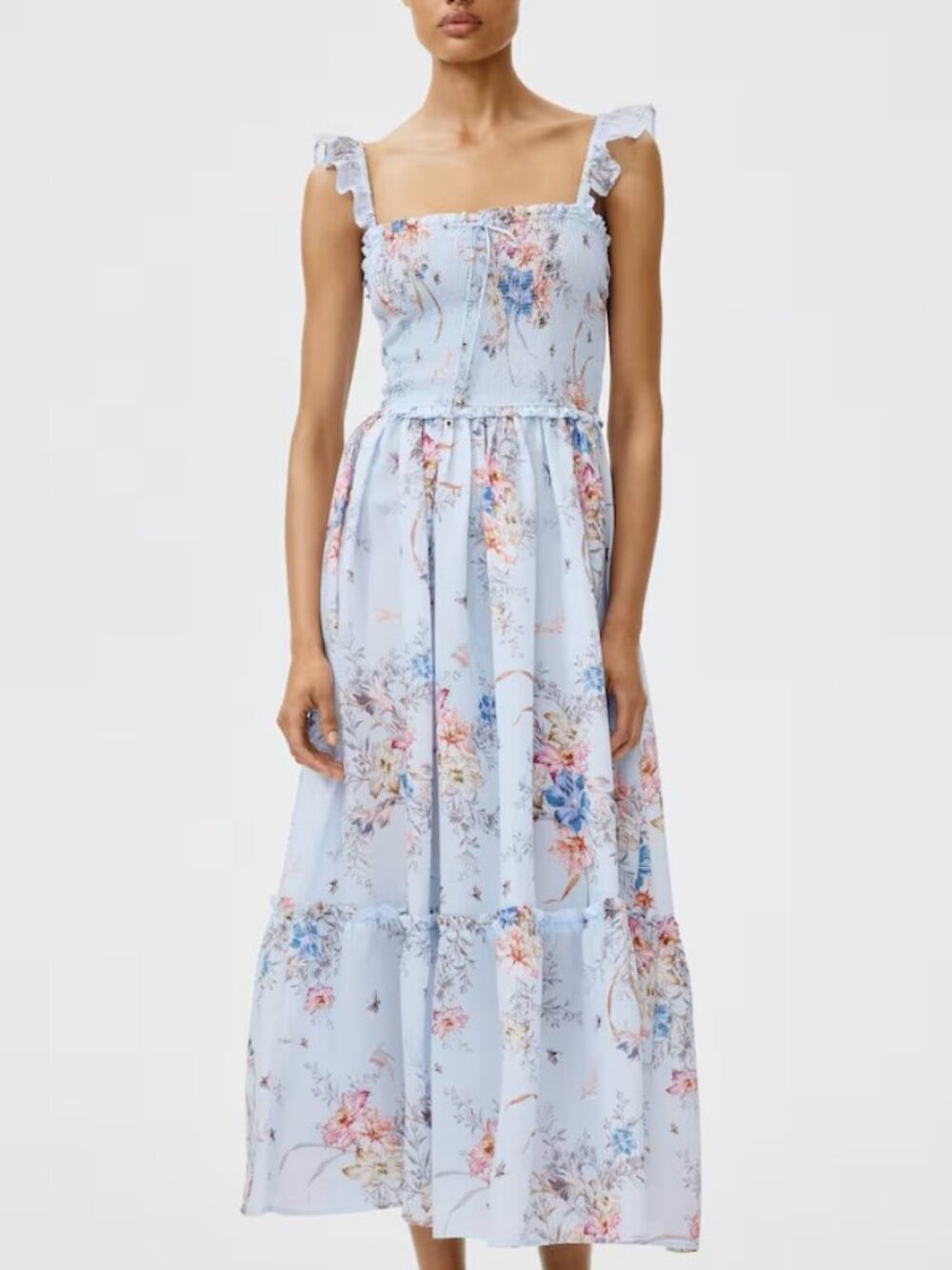 H and M Ruffle-Trimmed Smocked-Bodice Dress XL Light blue/floral